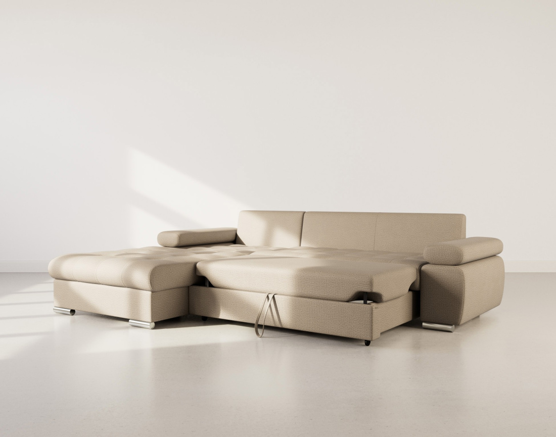 Canapé d'angle gauche 4 places convertible avec coffre en tissu texturé Bianca