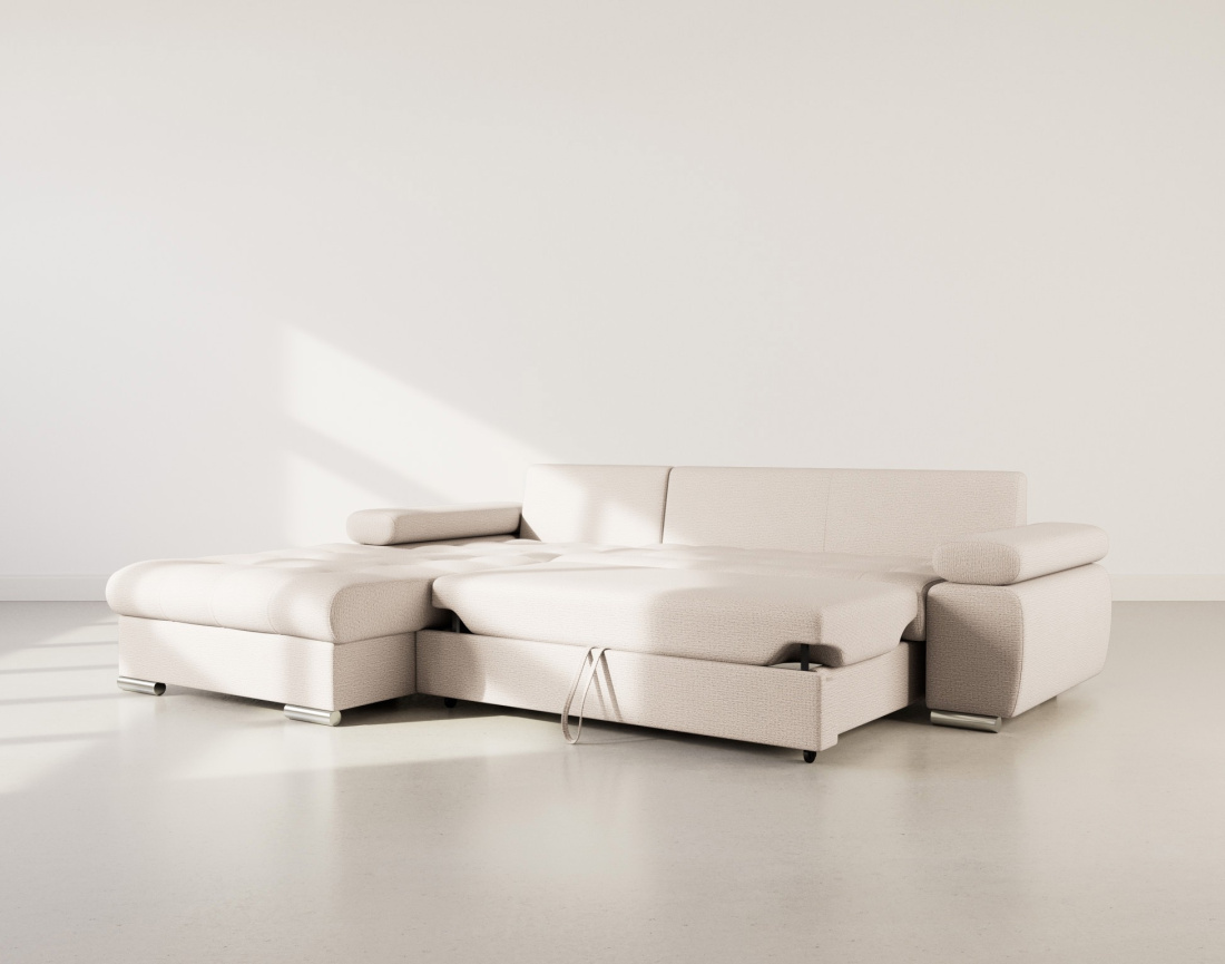 Canapé d'angle gauche 4 places convertible avec coffre en tissu texturé Bianca