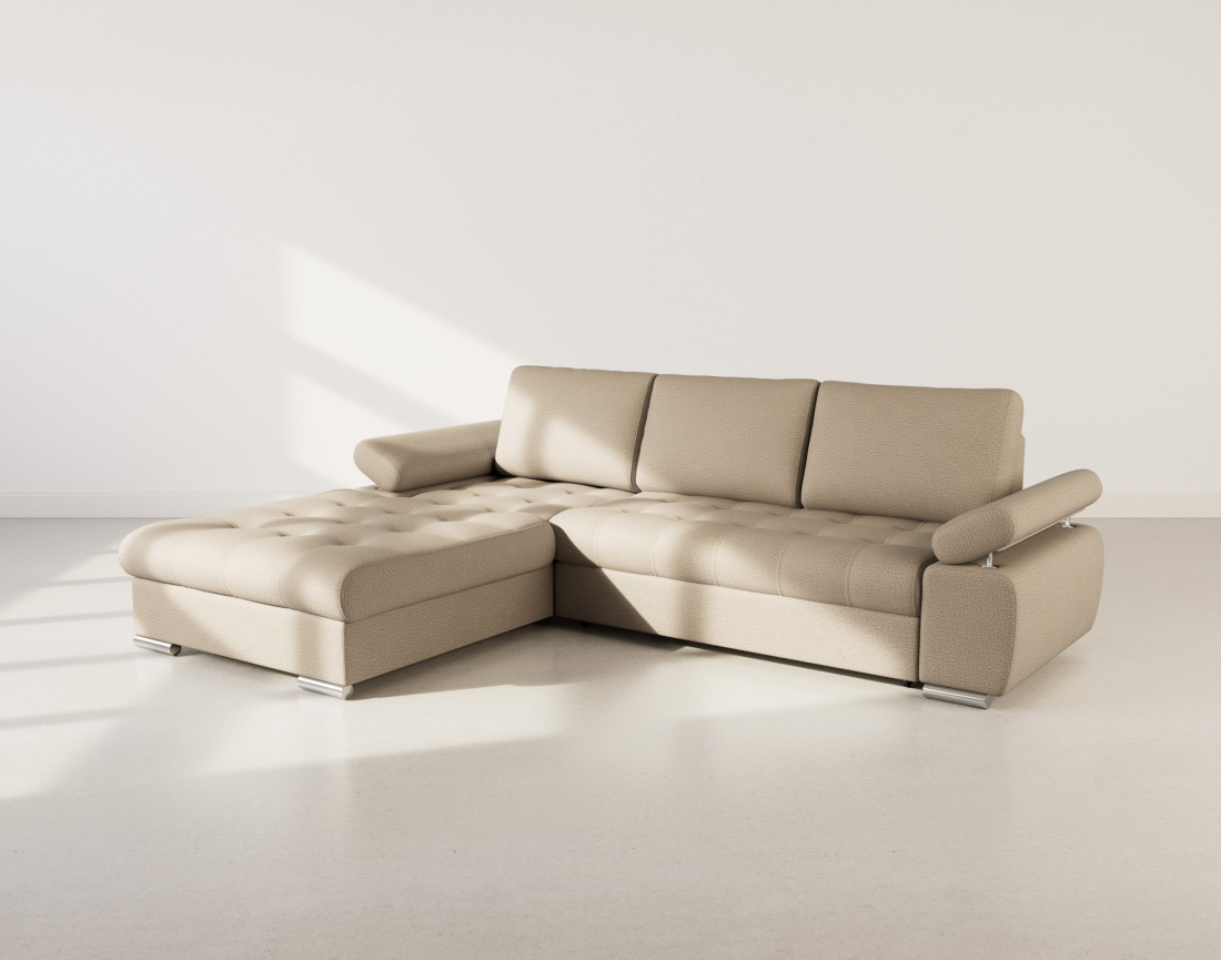 Canapé d'angle gauche 4 places convertible avec coffre en tissu texturé Bianca