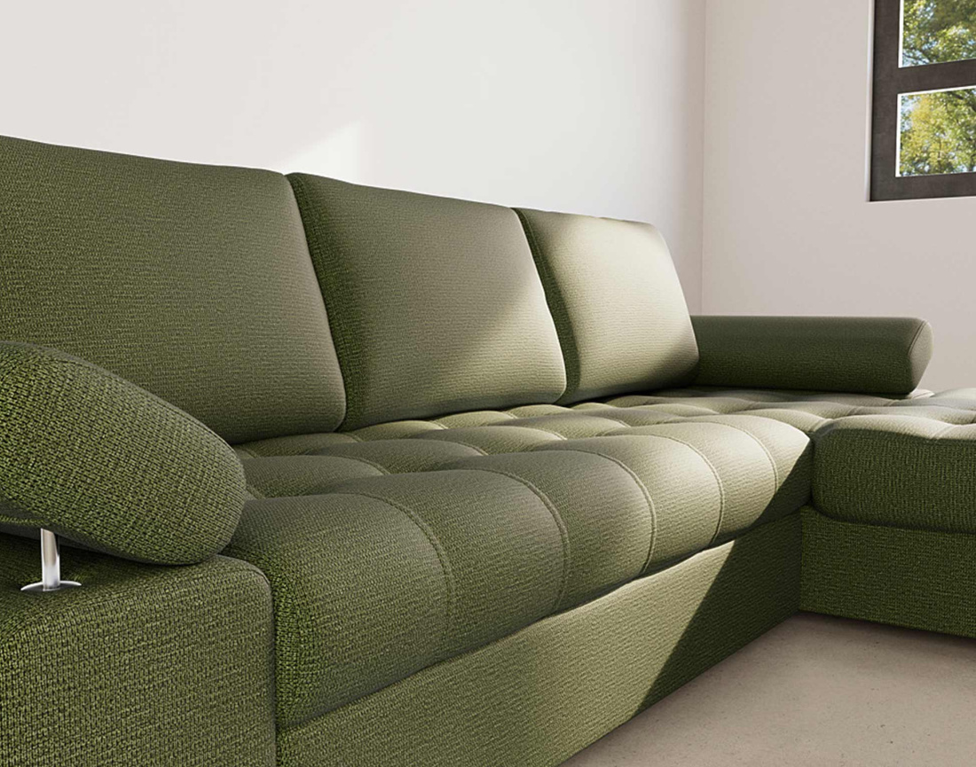 Canapé d'angle droit 4 places convertible avec coffre en tissu texturé Bianca