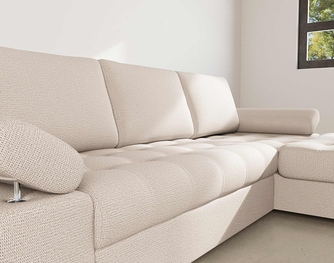 Canapé d'angle droit 4 places convertible avec coffre en tissu texturé Bianca