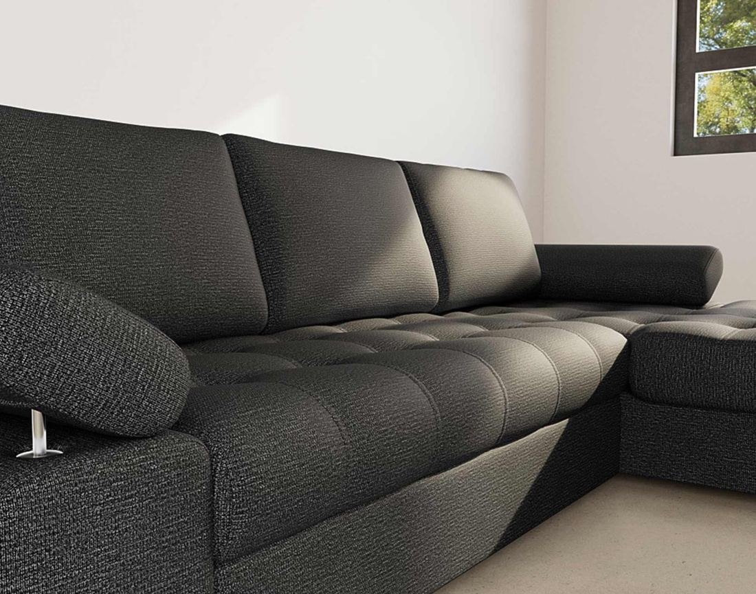 Canapé d'angle droit 4 places convertible avec coffre en tissu texturé Bianca