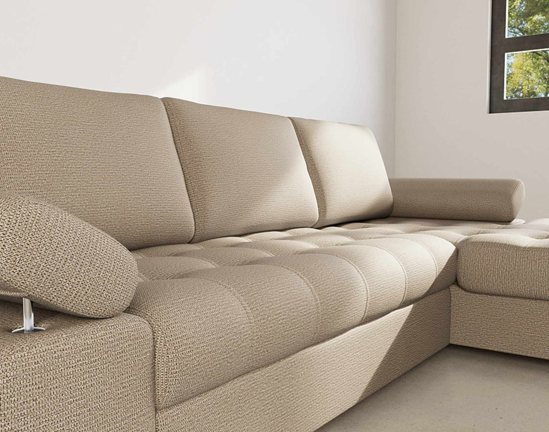 Canapé d'angle droit 4 places convertible avec coffre en tissu texturé Bianca