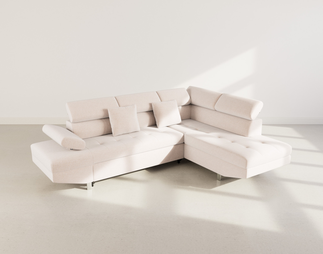 Canapé d'angle droit 5 places convertible avec coffre et têtières réglables en velours texturé Margaux