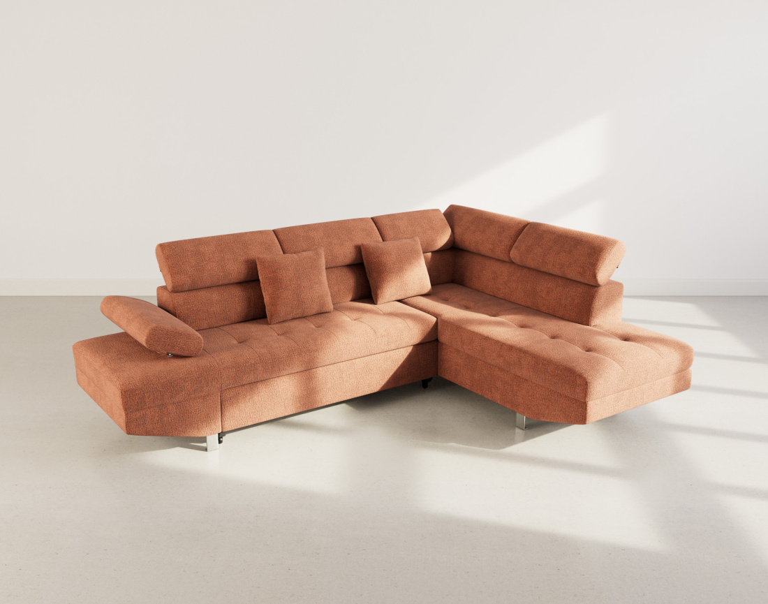 Canapé d'angle droit 5 places convertible avec coffre et têtières réglables en velours texturé Margaux