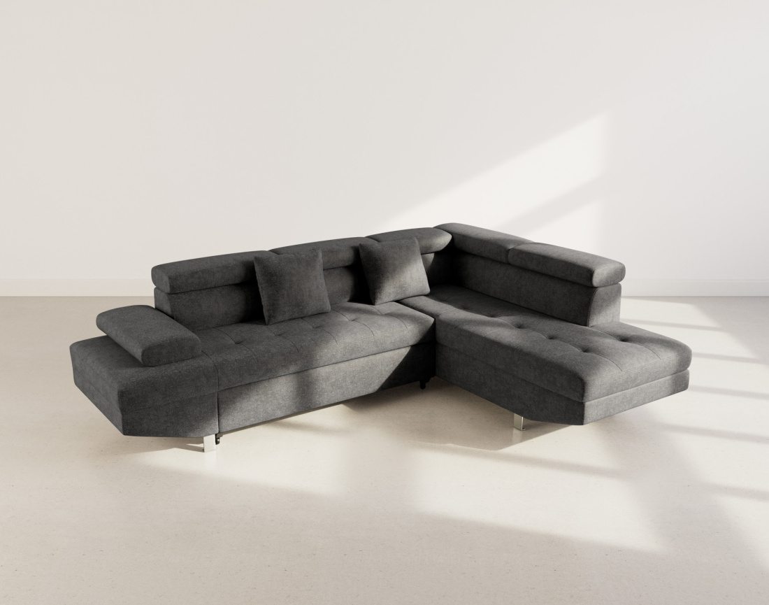 Canapé d'angle droit 5 places convertible avec coffre et têtières réglables en velours texturé Margaux