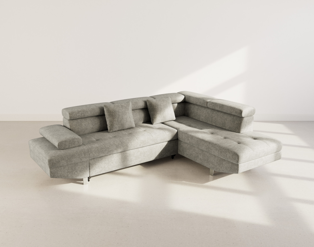 Canapé d'angle droit 5 places convertible avec coffre et têtières réglables en velours texturé Margaux