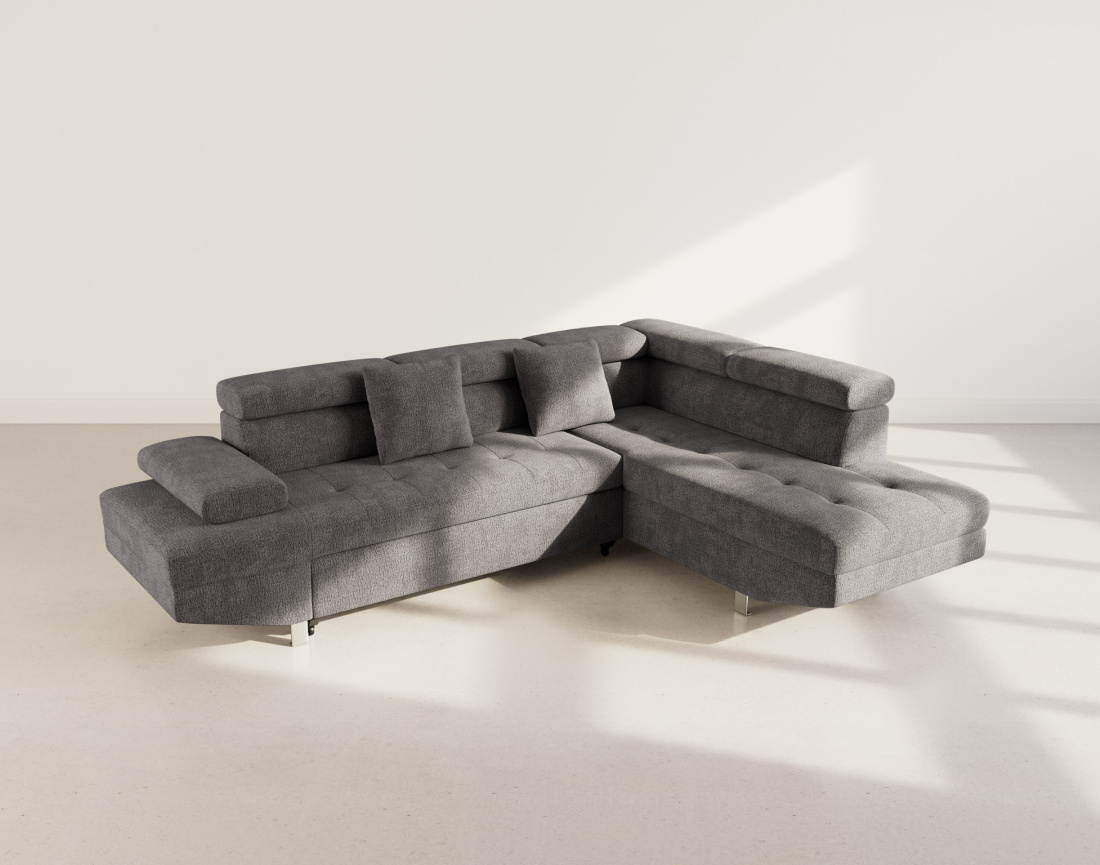 Canapé d'angle droit 5 places convertible avec coffre et têtières réglables en velours texturé Margaux