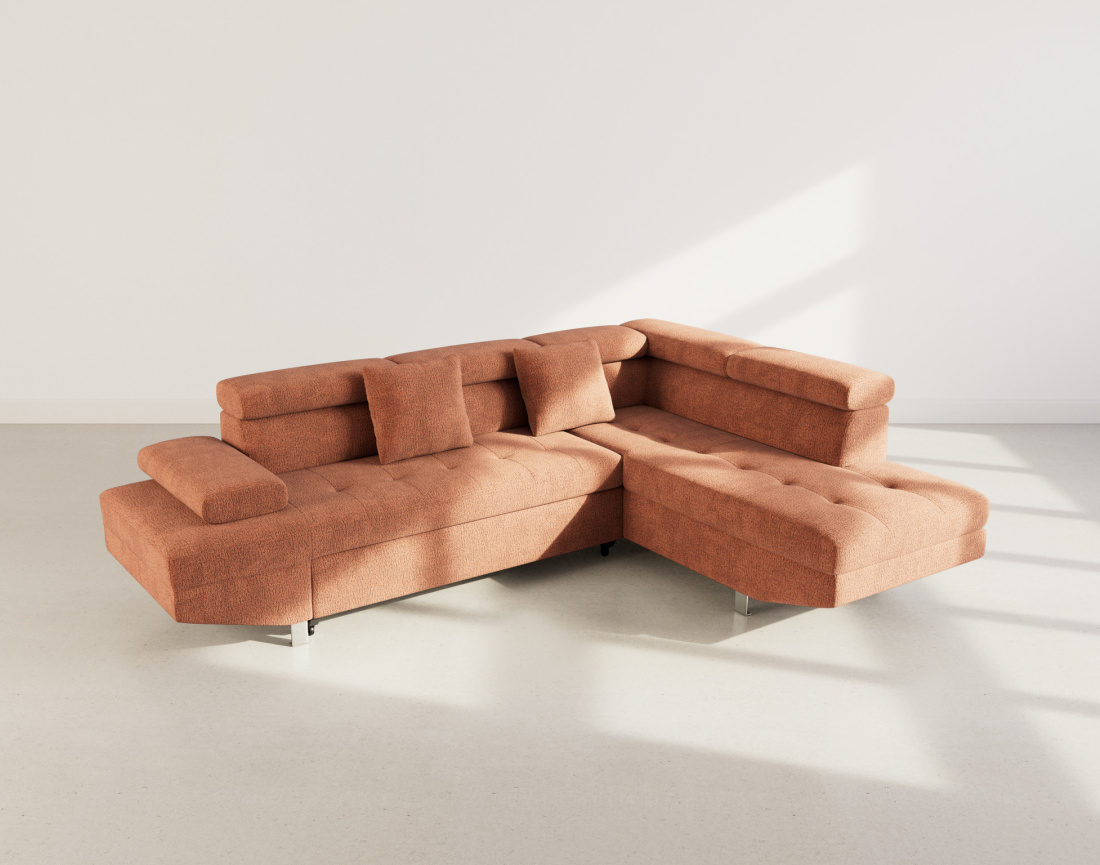 Canapé d'angle droit 5 places convertible avec coffre et têtières réglables en velours texturé Margaux