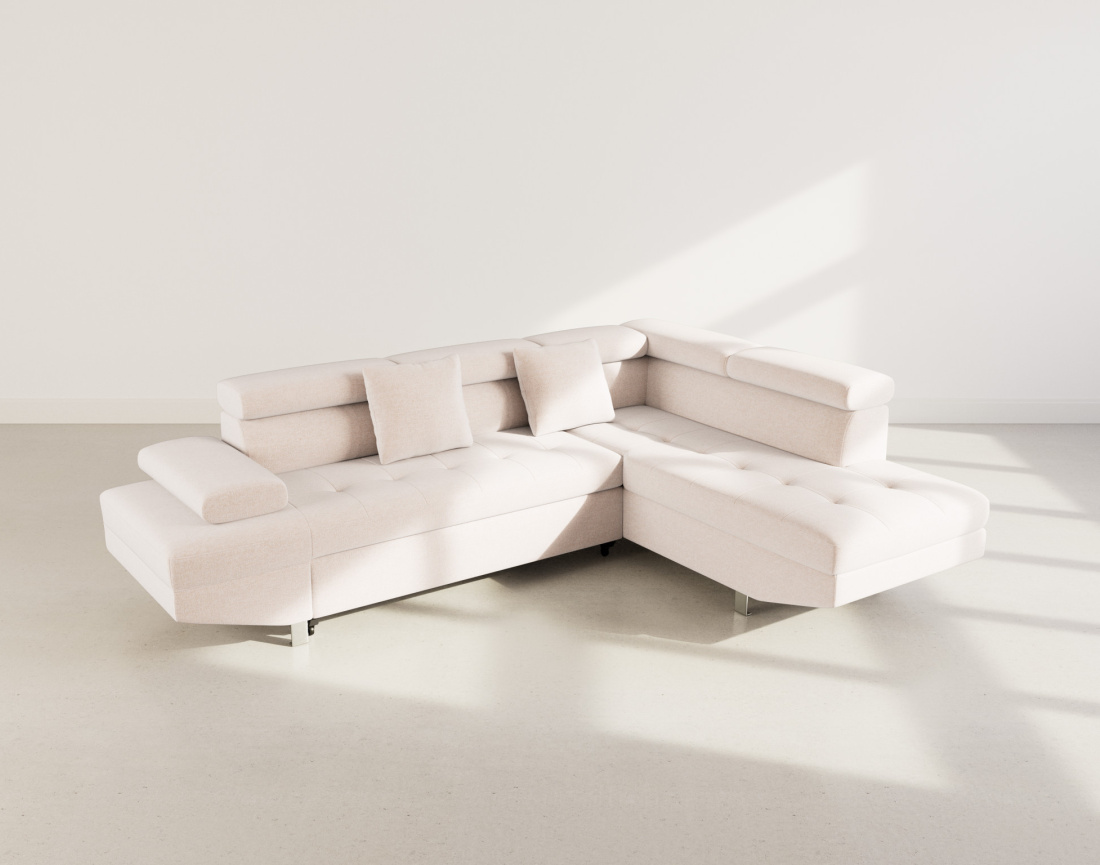 Canapé d'angle droit 5 places convertible avec coffre et têtières réglables en velours texturé Margaux