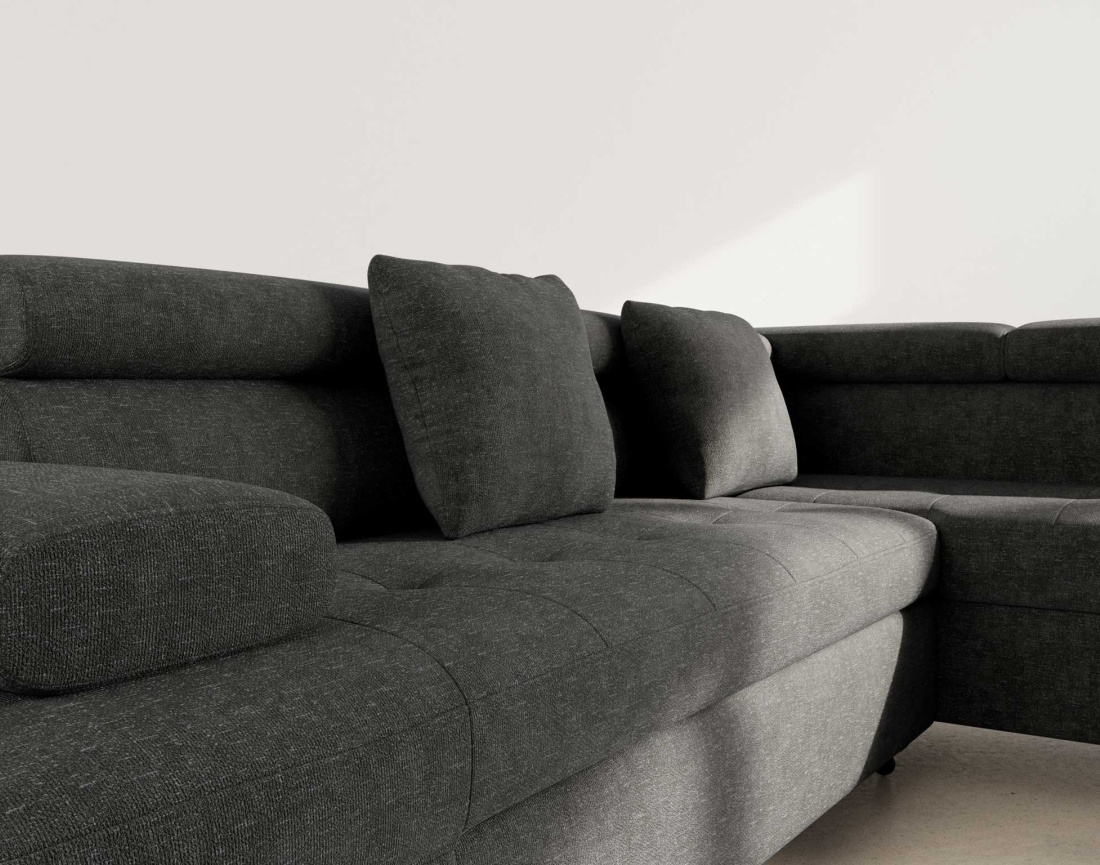 Canapé d'angle droit 5 places convertible avec coffre et têtières réglables en velours texturé Margaux