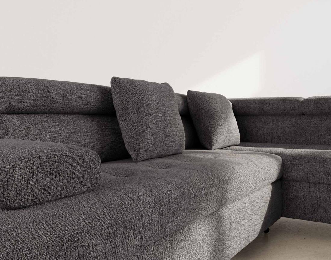 Canapé d'angle droit 5 places convertible avec coffre et têtières réglables en velours texturé Margaux