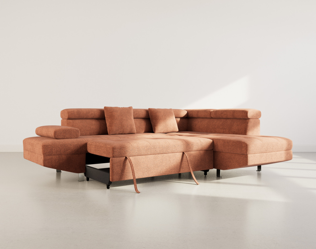 Canapé d'angle droit 5 places convertible avec coffre et têtières réglables en velours texturé Margaux