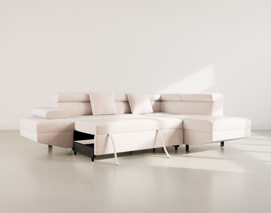 Canapé d'angle droit 5 places convertible avec coffre et têtières réglables en velours texturé Margaux