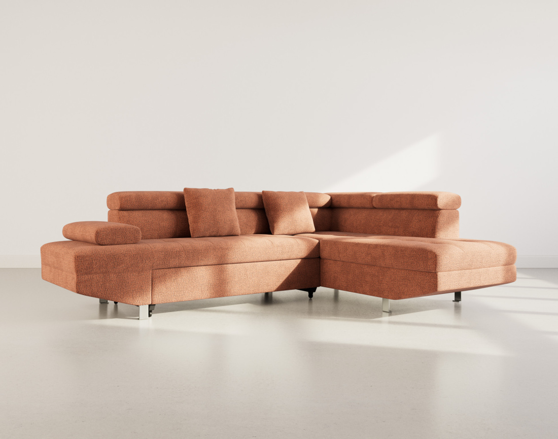 Canapé d'angle droit 5 places convertible avec coffre et têtières réglables en velours texturé Margaux