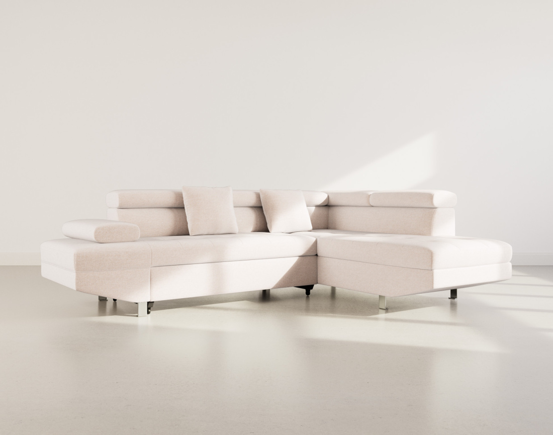 Canapé d'angle droit 5 places convertible avec coffre et têtières réglables en velours texturé Margaux