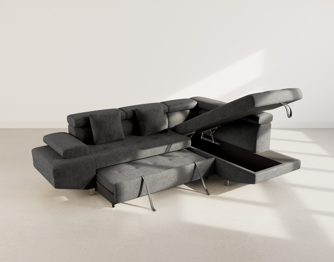 Canapé d'angle droit 5 places convertible avec coffre et têtières réglables en velours texturé Margaux