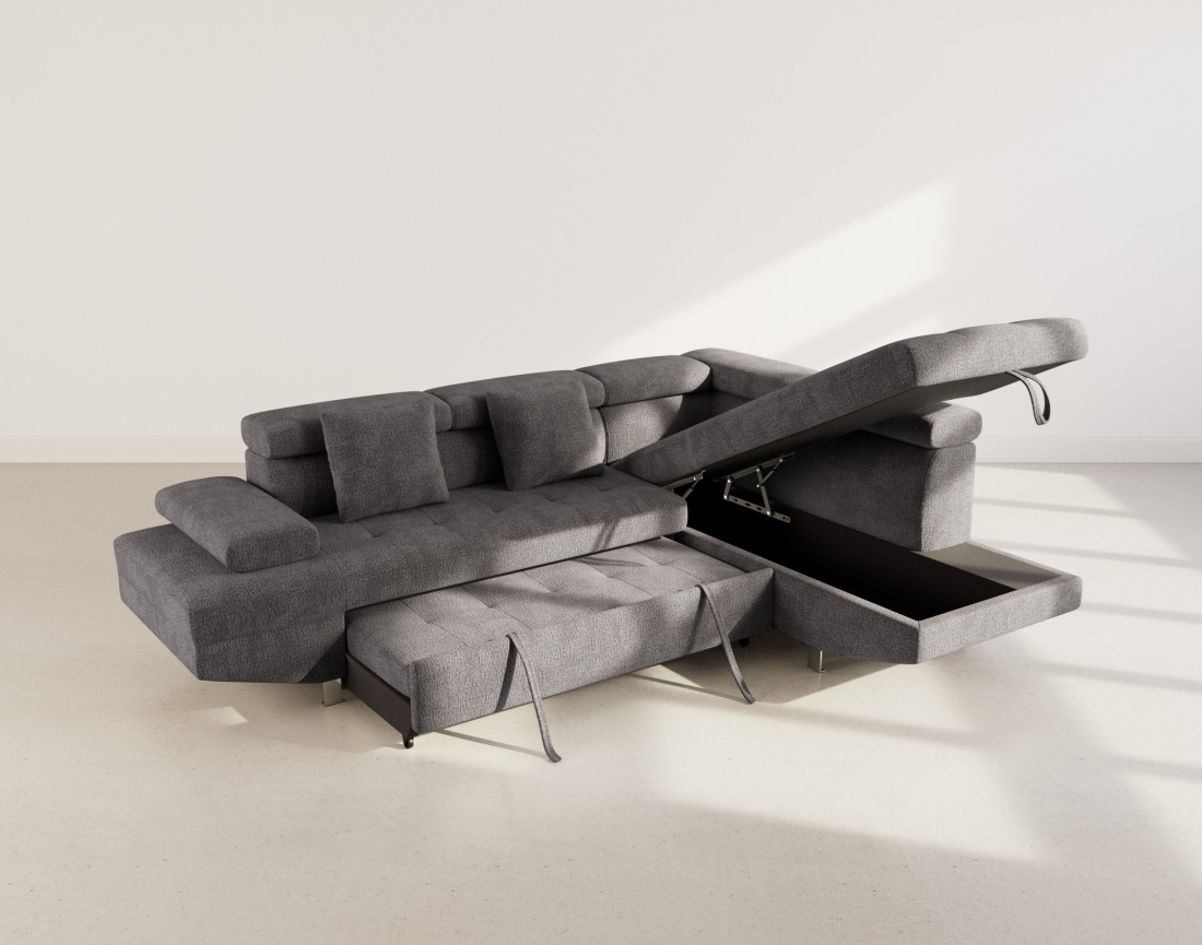 Canapé d'angle droit 5 places convertible avec coffre et têtières réglables en velours texturé Margaux