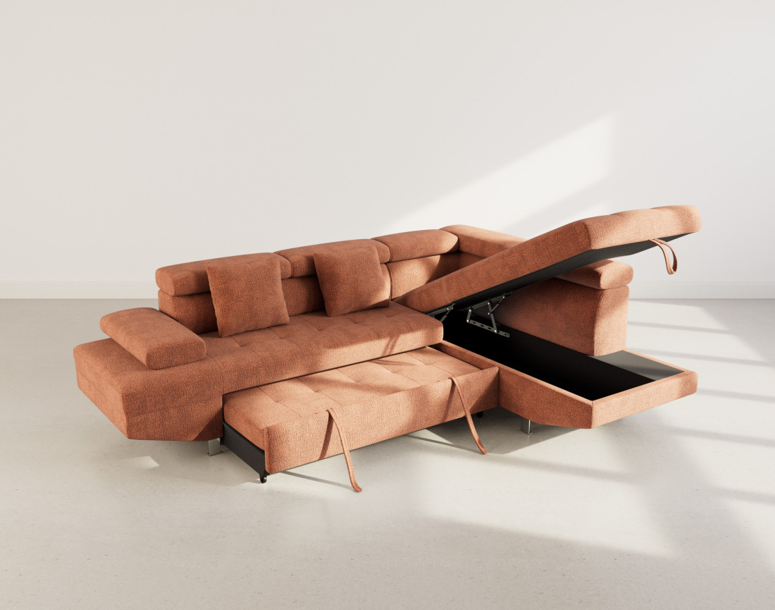 Canapé d'angle droit 5 places convertible avec coffre et têtières réglables en velours texturé Margaux