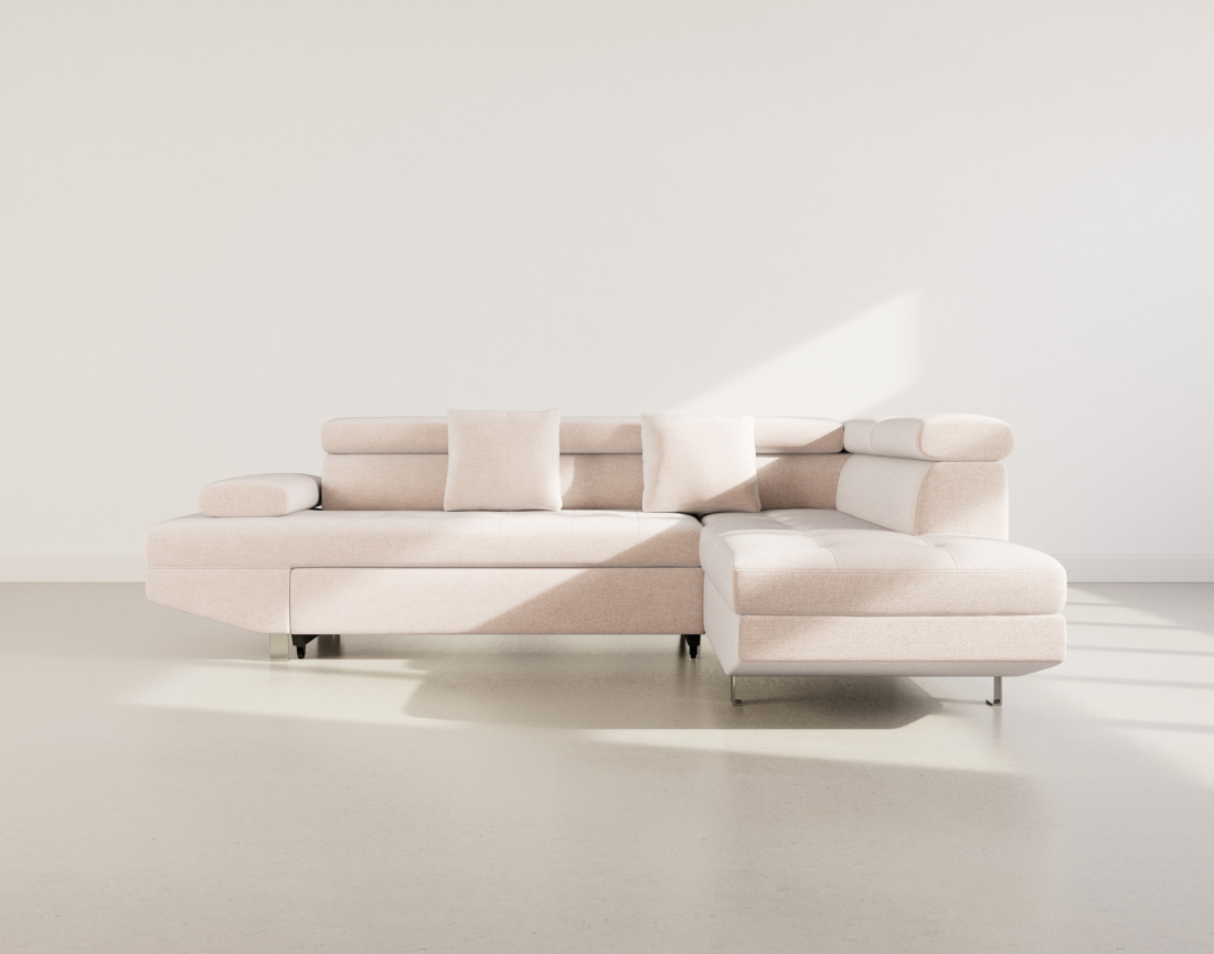 Canapé d'angle droit 5 places convertible avec coffre et têtières réglables en velours texturé Margaux