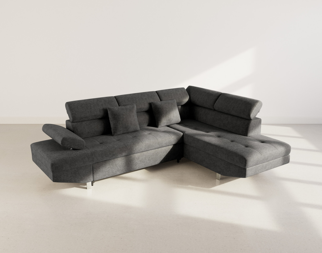 Canapé d'angle droit 5 places convertible avec coffre et têtières réglables en velours texturé Margaux