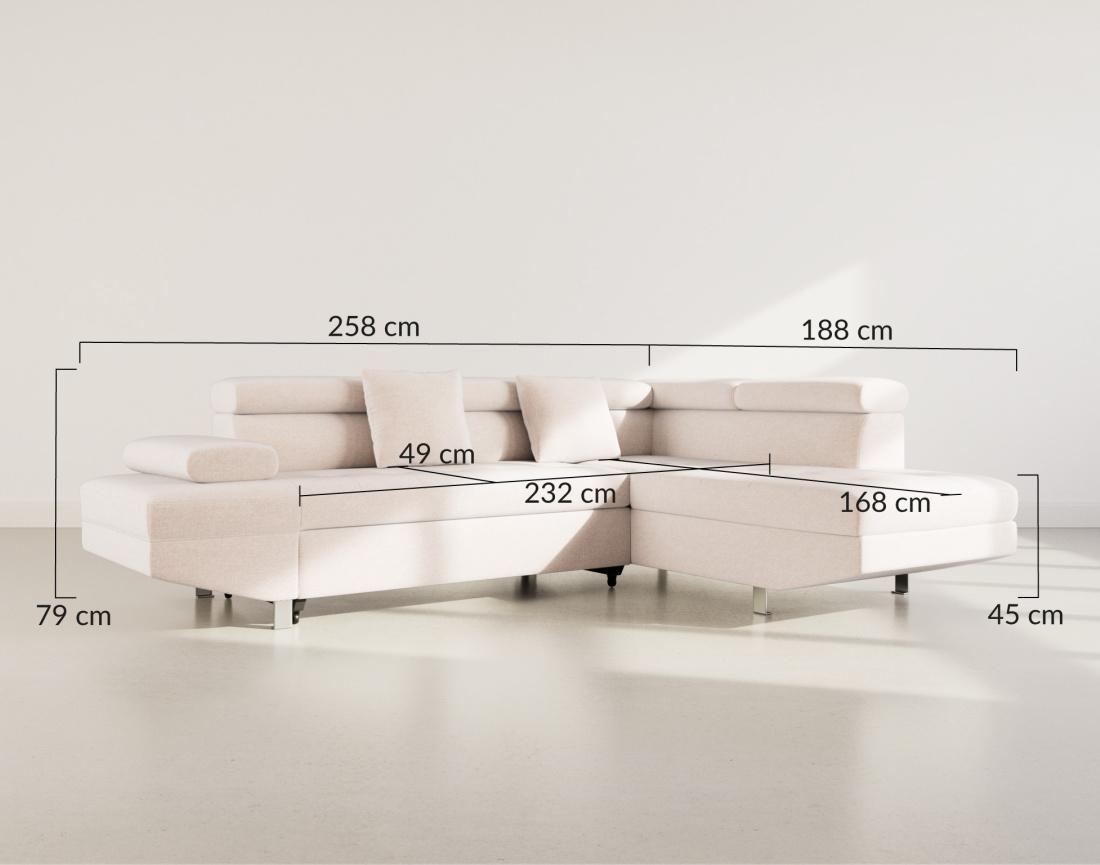 Canapé d'angle droit 5 places convertible avec coffre et têtières réglables en velours texturé Margaux