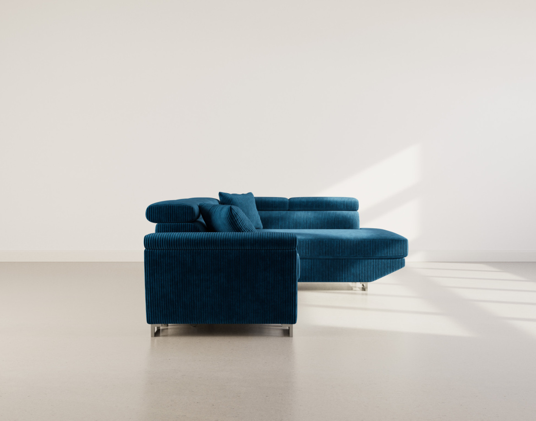 Canapé d'angle droit 5 places convertible avec têtières et coffre en velours côtelé Baoji