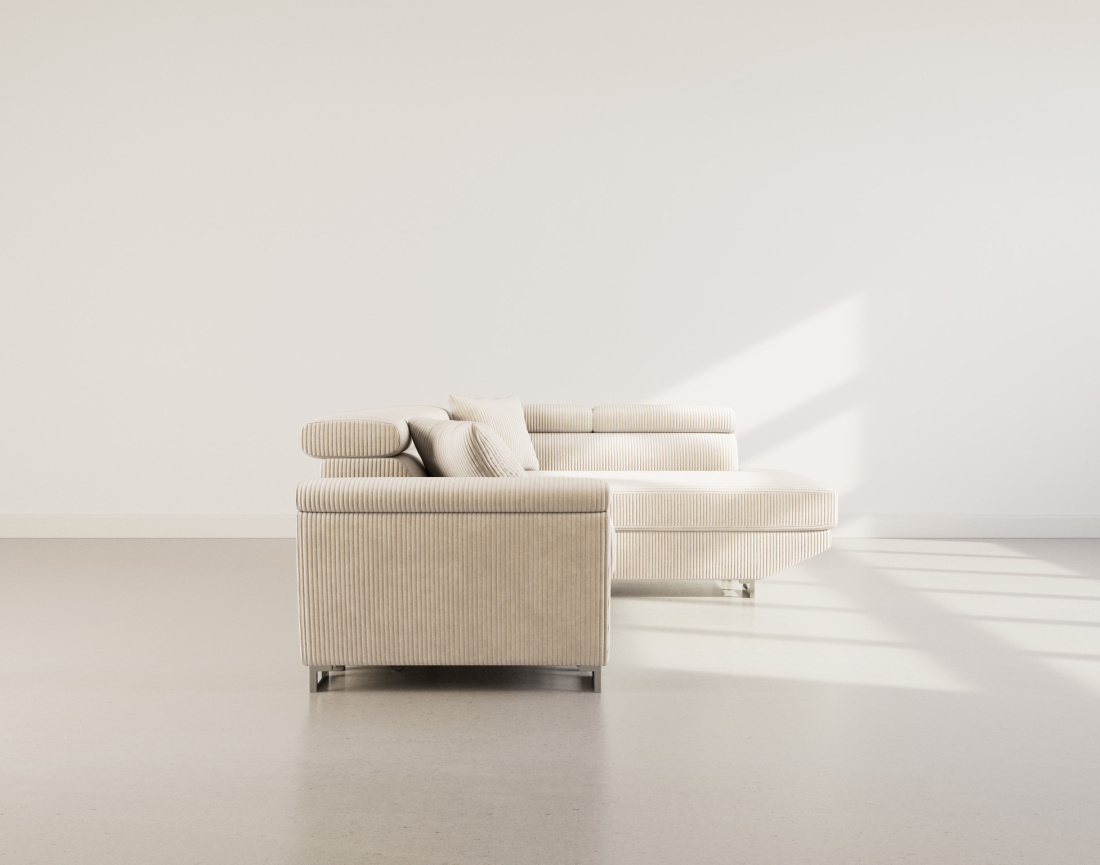 Canapé d'angle droit 5 places convertible avec têtières et coffre en velours côtelé Baoji