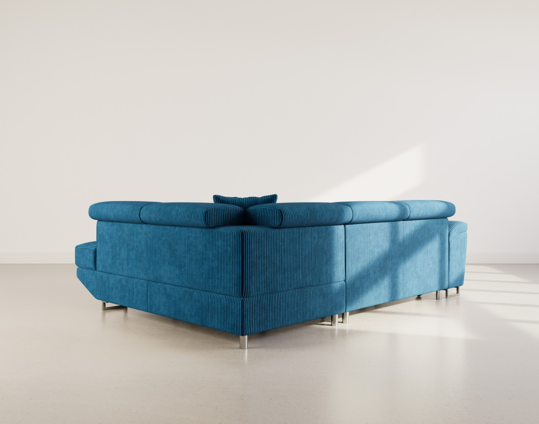 Canapé d'angle droit 5 places convertible avec têtières et coffre en velours côtelé Baoji