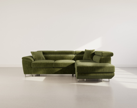 Canapé d'angle droit 5 places convertible avec têtières et coffre en velours côtelé Baoji