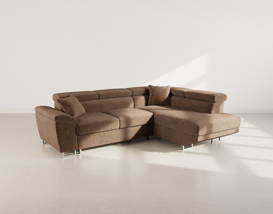 Canapé d'angle droit 5 places convertible avec têtières et coffre en velours côtelé Baoji