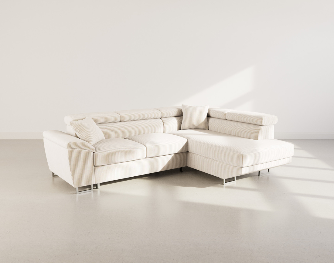 Canapé d'angle droit 5 places convertible avec têtières et coffre en velours côtelé Baoji