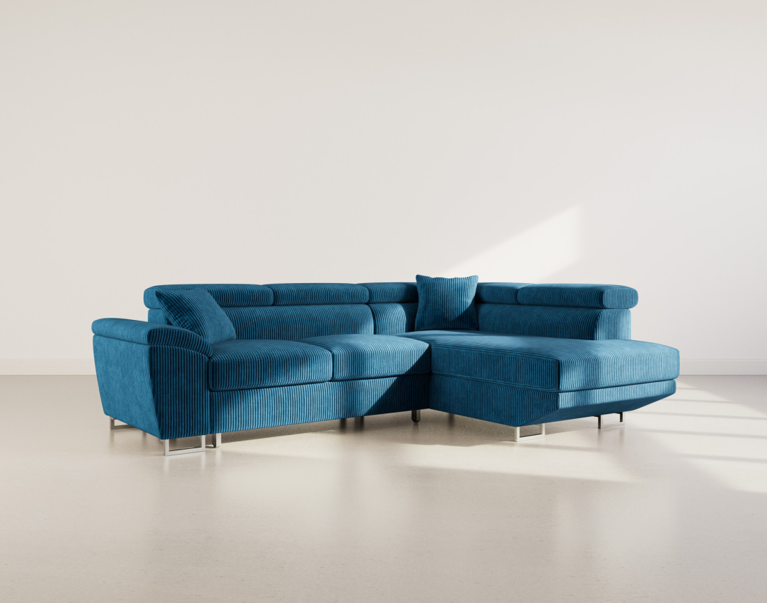 Canapé d'angle droit 5 places convertible avec têtières et coffre en velours côtelé Baoji