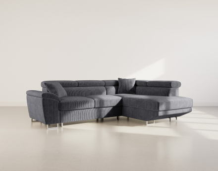 Canapé d'angle droit 5 places convertible avec têtières et coffre en velours côtelé Baoji