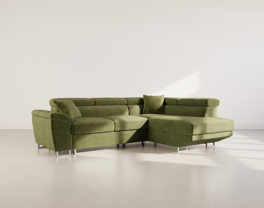 Canapé d'angle droit 5 places convertible avec têtières et coffre en velours côtelé Baoji