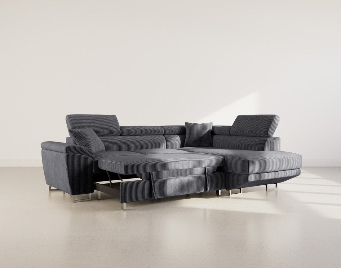 Canapé d'angle droit 5 places convertible avec têtières et coffre en velours côtelé Baoji