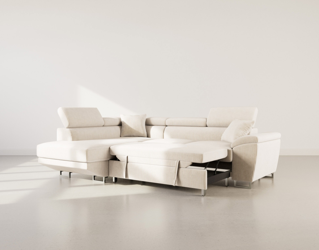 Canapé d'angle gauche 5 places convertible avec têtières et coffre en velours côtelé Baoji