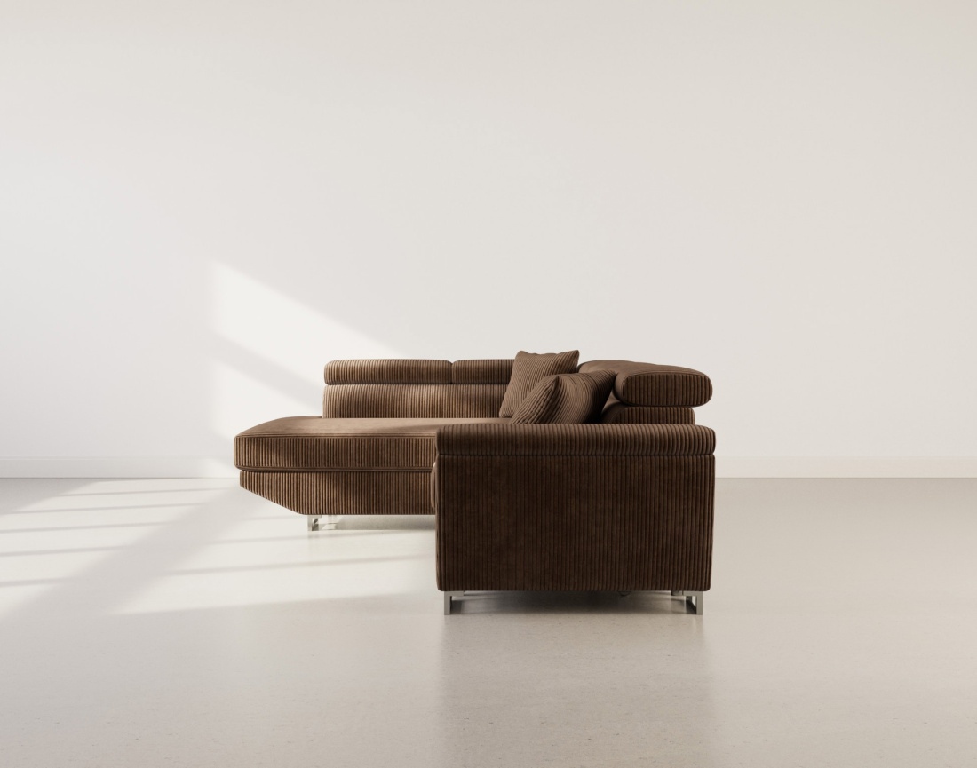 Canapé d'angle gauche 5 places convertible avec têtières et coffre en velours côtelé Baoji