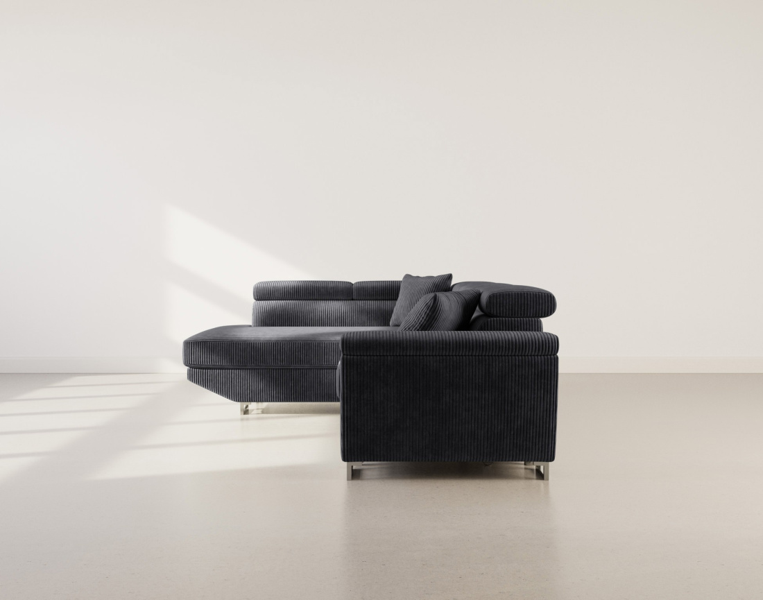 Canapé d'angle gauche 5 places convertible avec têtières et coffre en velours côtelé Baoji