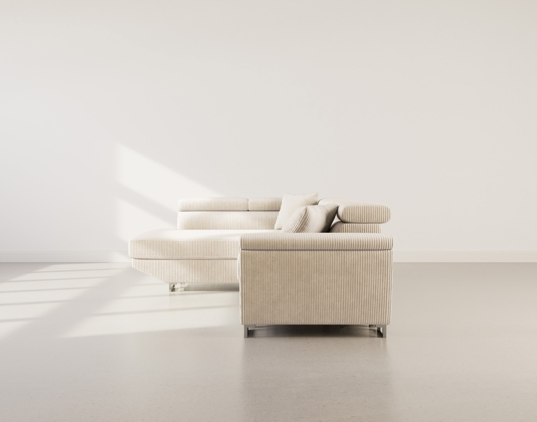 Canapé d'angle gauche 5 places convertible avec têtières et coffre en velours côtelé Baoji