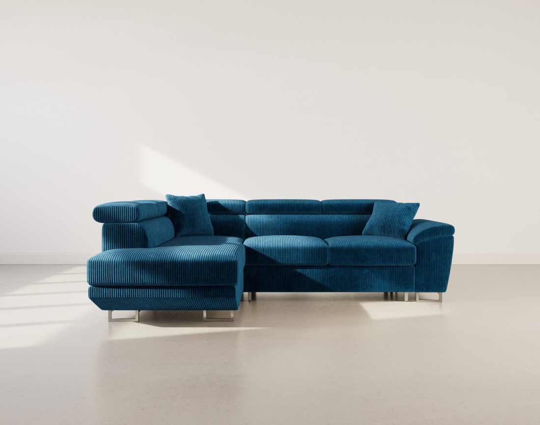 Canapé d'angle gauche 5 places convertible avec têtières et coffre en velours côtelé Baoji