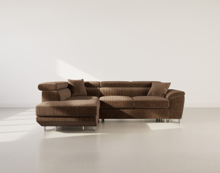 Canapé d'angle gauche 5 places convertible avec têtières et coffre en velours côtelé Baoji