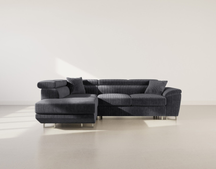 Canapé d'angle gauche 5 places convertible avec têtières et coffre en velours côtelé Baoji