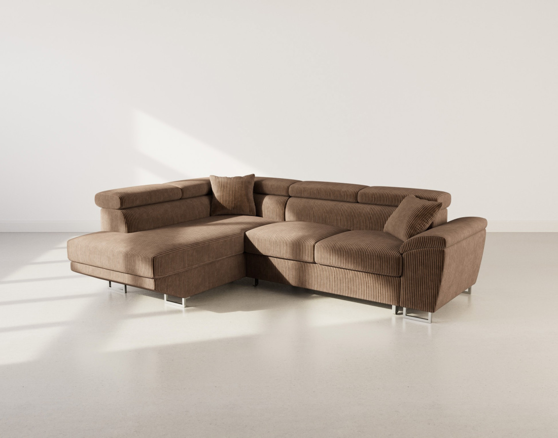 Canapé d'angle gauche 5 places convertible avec têtières et coffre en velours côtelé Baoji