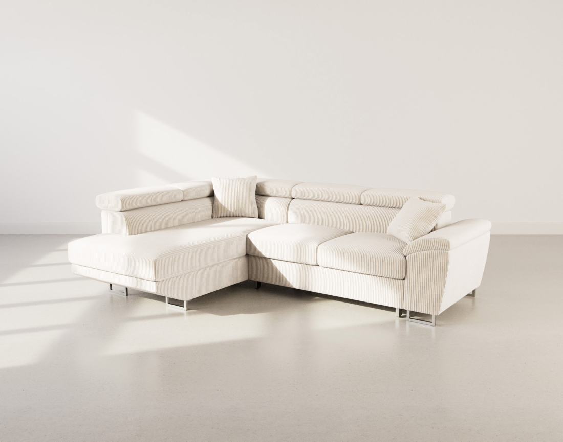 Canapé d'angle gauche 5 places convertible avec têtières et coffre en velours côtelé Baoji