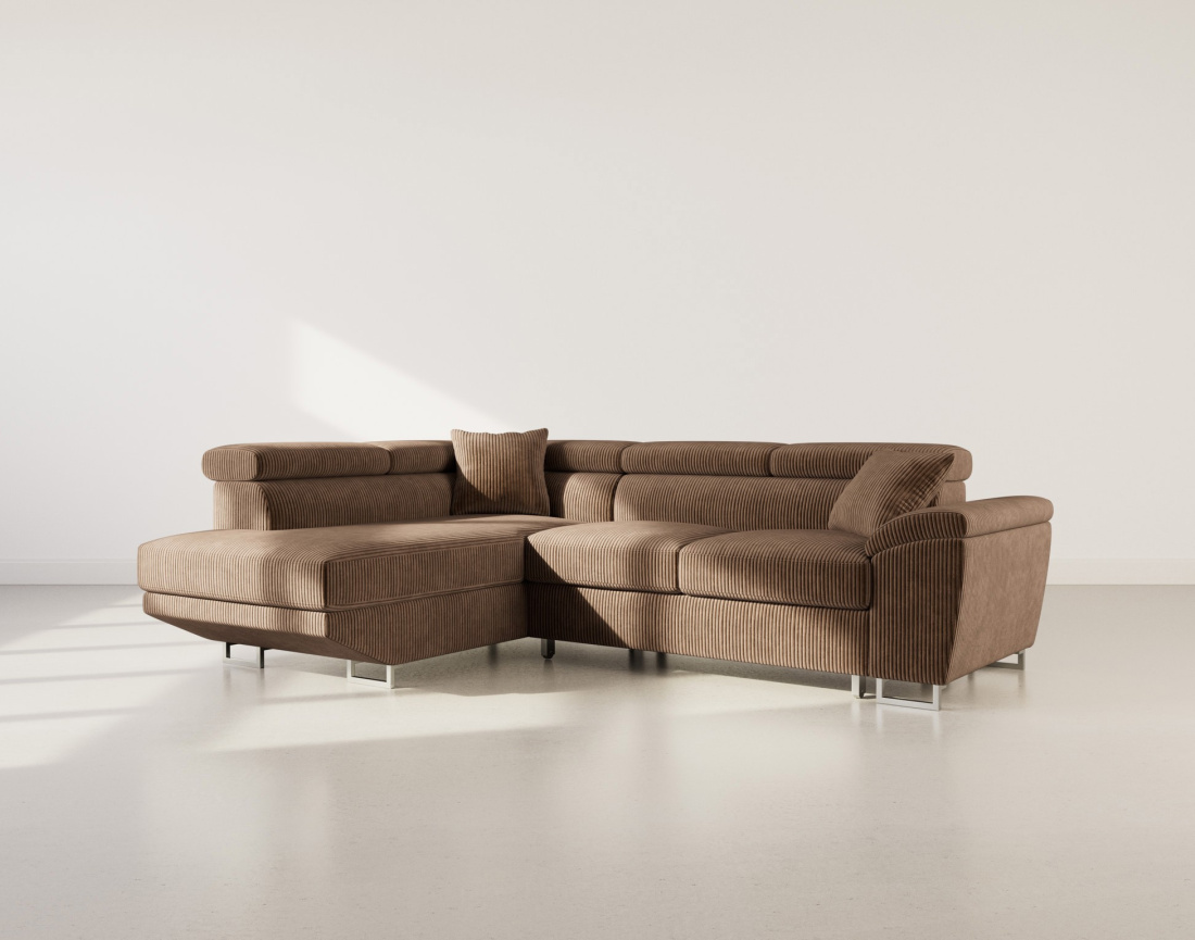 Canapé d'angle gauche 5 places convertible avec têtières et coffre en velours côtelé Baoji