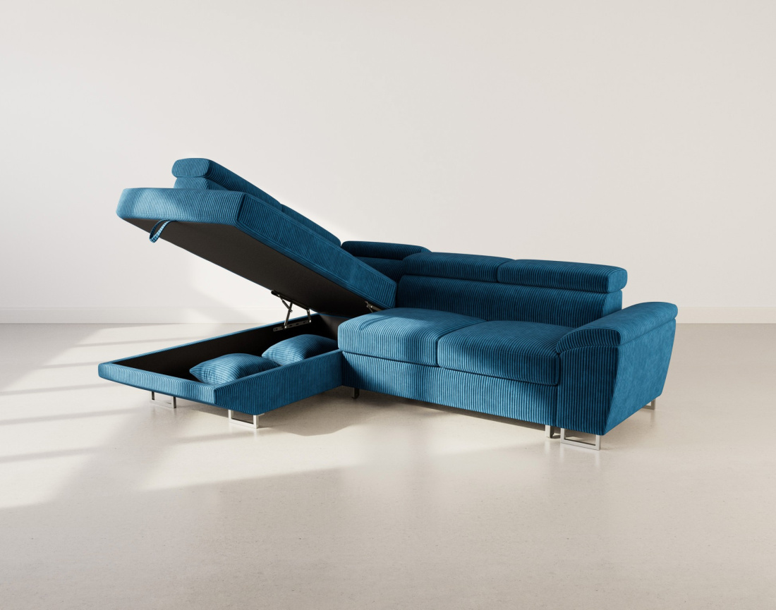 Canapé d'angle gauche 5 places convertible avec têtières et coffre en velours côtelé Baoji