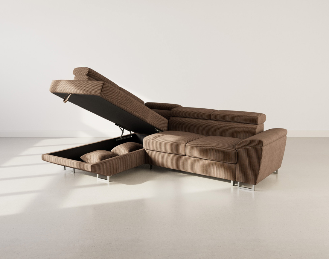 Canapé d'angle gauche 5 places convertible avec têtières et coffre en velours côtelé Baoji