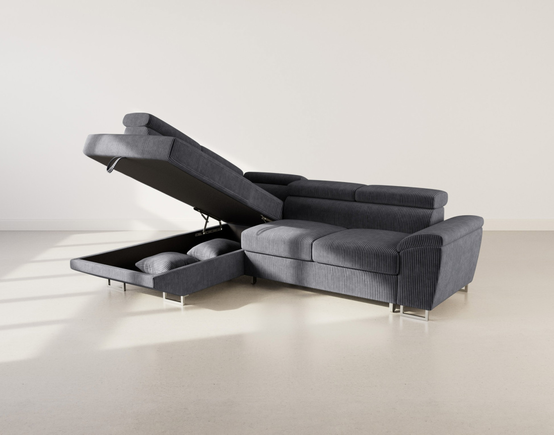 Canapé d'angle gauche 5 places convertible avec têtières et coffre en velours côtelé Baoji