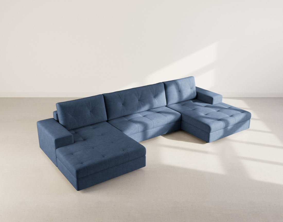 Canapé panoramique en U 7 places convertible avec coffre en velours texturé Bastian